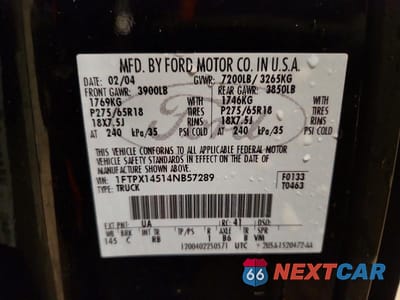 Zdjęcie 12 z 12 samochodu: 2004 FORD F150 VIN:1FTPX14514NB57289 - miniatura