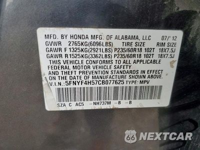 Zdjęcie 14 z 14 samochodu: 2012 HONDA PILOT EX-L( WITH NAVI) VIN:5FNYF4H57CB077625 - miniatura