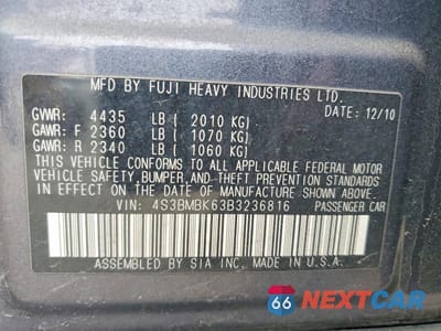 Zdjęcie 12 z 12 samochodu: 2011 SUBARU LEGACY 2.5I LIMITED VIN:4S3BMBK63B3236816 - miniatura