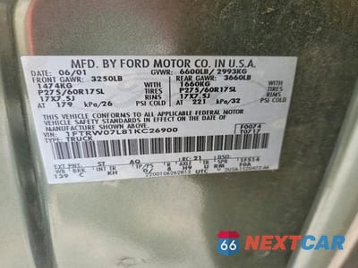 Zdjęcie 12 z 12 samochodu: 2001 FORD F150 SUPERCREW VIN:1FTRW07L81KC26900 - miniatura