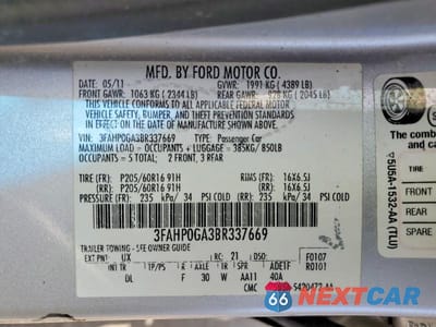 Zdjęcie 12 z 12 samochodu: 2011 FORD FUSION S VIN:3FAHP0GA3BR337669 - miniatura
