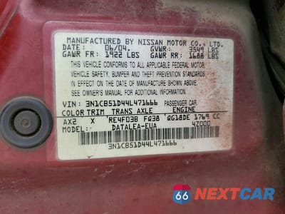 Zdjęcie 12 z 12 samochodu: 2004 NISSAN SENTRA VIN:3N1CB51D44L471666 - miniatura