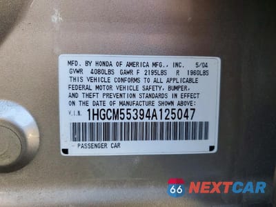 Zdjęcie 12 z 12 samochodu: 2004 HONDA ACCORD LX VIN:1HGCM55394A125047 - miniatura