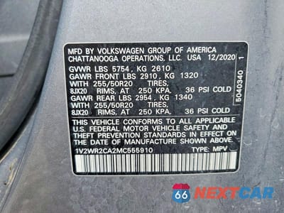 Zdjęcie 13 z 13 samochodu: 2021 VOLKSWAGEN ATLAS SE 3.6L V6 W/TECHNOLOGY VIN:1V2WR2CA2MC555910 - miniatura