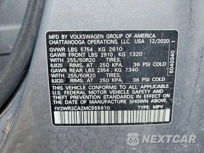 Zdjęcie 13 z 13 samochodu: 2021 VOLKSWAGEN ATLAS SE 3.6L V6 W/TECHNOLOGY VIN:1V2WR2CA2MC555910 - miniatura