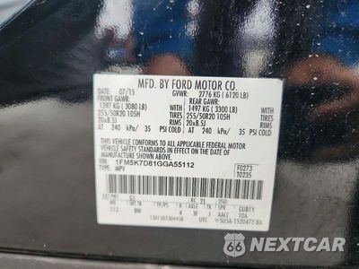 Zdjęcie 13 z 13 samochodu: 2016 FORD EXPLORER XLT VIN:1FM5K7D81GGA55112 - miniatura