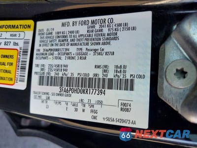 Zdjęcie 12 z 12 samochodu: 2019 FORD FUSION SE VIN:3FA6P0HD0KR177394 - miniatura