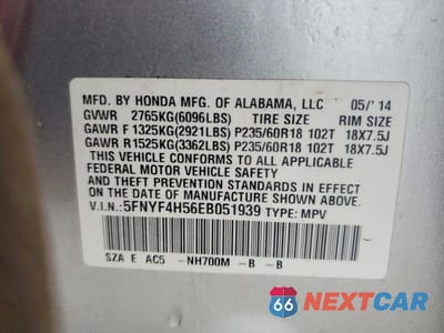 Zdjęcie 14 z 14 samochodu: 2014 HONDA PILOT EXL VIN:5FNYF4H56EB051939 - miniatura