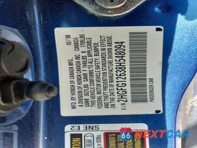 Zdjęcie 12 z 12 samochodu: 2008 HONDA CIVIC LX VIN:2HGFG12638H548094 - miniatura