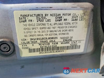 Zdjęcie 12 z 12 samochodu: 2003 NISSAN SENTRA XE VIN:3N1CB51D03L808025 - miniatura