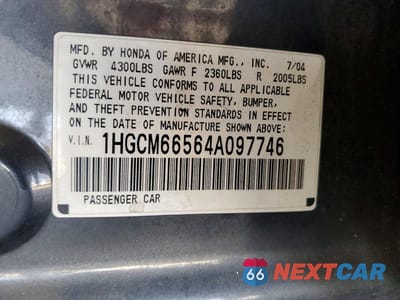 Zdjęcie 12 z 12 samochodu: 2004 HONDA ACCORD EX VIN:1HGCM66564A097746 - miniatura