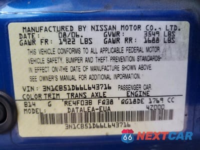 Zdjęcie 13 z 13 samochodu: 2006 NISSAN SENTRA 1.8 VIN:3N1CB51D66L643716 - miniatura