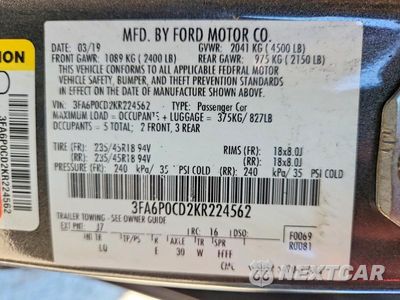 Zdjęcie 12 z 12 samochodu: 2019 FORD FUSION SEL VIN:3FA6P0CD2KR224562 - miniatura