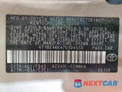 Zdjęcie 12 z 12 samochodu: 2007 TOYOTA CAMRY CE VIN:4T1BE46K47U104550 - miniatura