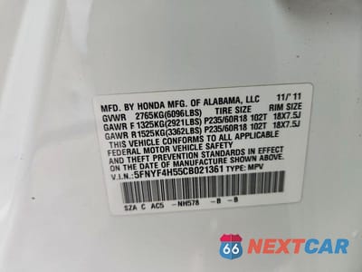 Zdjęcie 12 z 12 samochodu: 2012 HONDA PILOT EXL VIN:5FNYF4H55CB021361 - miniatura