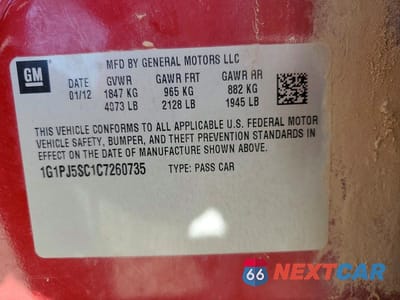 Zdjęcie 12 z 12 samochodu: 2012 CHEVROLET CRUZE ECO VIN:1G1PJ5SC1C7260735 - miniatura