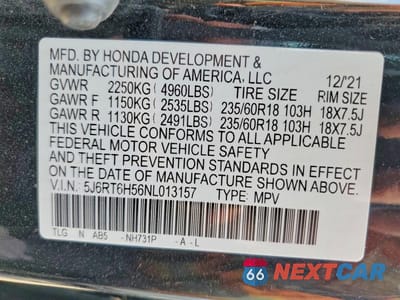 Zdjęcie 12 z 12 samochodu: 2022 HONDA CR-V EX VIN:5J6RT6H56NL013157 - miniatura