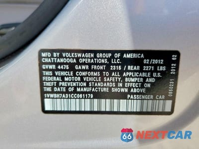Zdjęcie 12 z 12 samochodu: 2012 VOLKSWAGEN PASSAT VIN:1VWBH7A31CC061179 - miniatura
