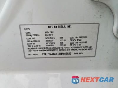 Zdjęcie 12 z 12 samochodu: 2022 TESLA MODEL Y VIN:7SAYGDEE8NA012920 - miniatura
