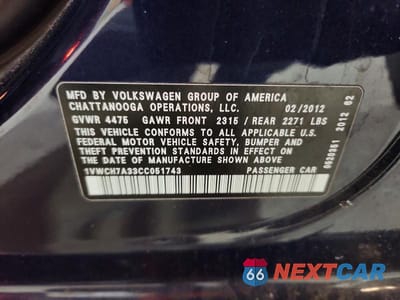 Zdjęcie 13 z 13 samochodu: 2012 VOLKSWAGEN PASSAT SEL VIN:1VWCH7A33CC051743 - miniatura