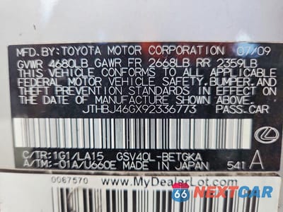 Zdjęcie 12 z 12 samochodu: 2009 LEXUS ES 350 BASE VIN:JTHBJ46GX92336773 - miniatura