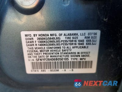 Zdjęcie 13 z 13 samochodu: 2006 HONDA PILOT EX VIN:5FNYF28406B050105 - miniatura