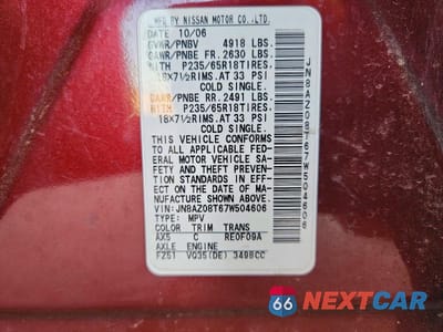 Zdjęcie 13 z 13 samochodu: 2007 NISSAN MURANO S VIN:JN8AZ08T67W504606 - miniatura