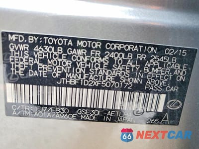 Zdjęcie 12 z 12 samochodu: 2015 LEXUS IS 250 BASE VIN:JTHBF1D2XF5070172 - miniatura