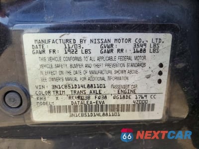 Zdjęcie 13 z 13 samochodu: 2004 NISSAN SENTRA 1.8 VIN:3N1CB51D14L881101 - miniatura