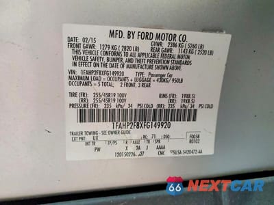 Zdjęcie 12 z 12 samochodu: 2015 FORD TAURUS LIMITED VIN:1FAHP2F8XFG149920 - miniatura