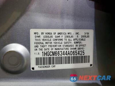Zdjęcie 12 z 12 samochodu: 2004 HONDA ACCORD LX VIN:1HGCM66344A065425 - miniatura