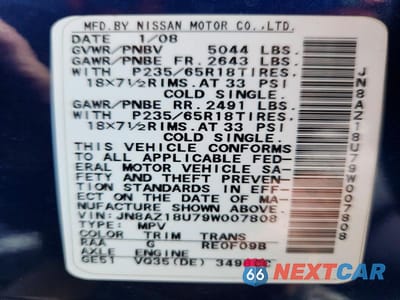 Zdjęcie 13 z 13 samochodu: 2009 NISSAN MURANO S VIN:JN8AZ18U79W007808 - miniatura