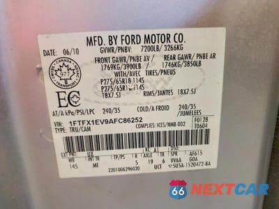 Zdjęcie 12 z 12 samochodu: 2010 FORD F150 SUPER CAB VIN:1FTFX1EV9AFC86252 - miniatura
