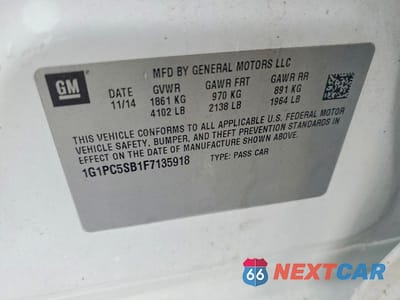 Zdjęcie 12 z 12 samochodu: 2015 CHEVROLET CRUZE LT VIN:1G1PC5SB1F7135918 - miniatura