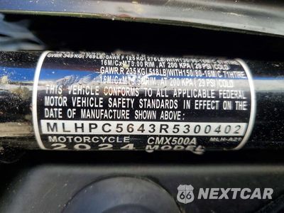 Zdjęcie 9 z 9 samochodu: 2024 HONDA CMX500 A VIN:MLHPC5643R5300402 - miniatura