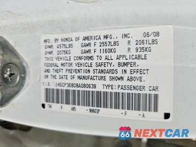 Zdjęcie 12 z 12 samochodu: 2008 HONDA ACCORD EXL VIN:1HGCP36808A080639 - miniatura