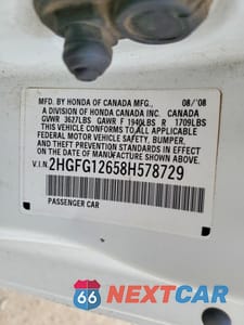 Zdjęcie 12 z 12 samochodu: 2008 HONDA CIVIC LX VIN:2HGFG12658H578729 - miniatura