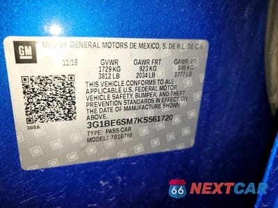 Zdjęcie 13 z 13 samochodu: 2019 CHEVROLET CRUZE LT VIN:3G1BE6SM7KS561720 - miniatura