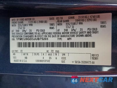 Zdjęcie 13 z 13 samochodu: 2018 FORD ESCAPE SE VIN:1FMCU9GD3JUB75203 - miniatura