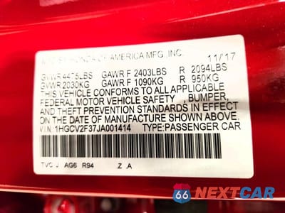 Zdjęcie 12 z 12 samochodu: 2018 HONDA ACCORD SPORT VIN:1HGCV2F37JA001414 - miniatura