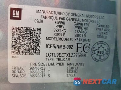 Zdjęcie 12 z 12 samochodu: 2020 GMC SIERRA K1500 AT4 VIN:1GTU9EETXLZ375868 - miniatura
