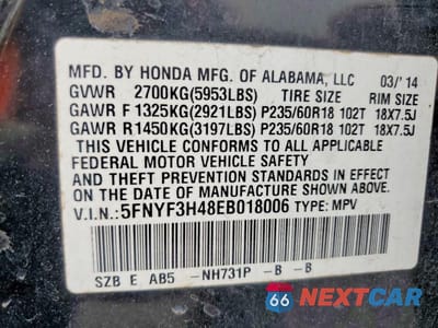 Zdjęcie 13 z 13 samochodu: 2014 HONDA PILOT EX VIN:5FNYF3H48EB018006 - miniatura