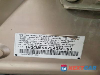 Zdjęcie 12 z 12 samochodu: 2005 HONDA ACCORD LX VIN:1HGCM56475A066394 - miniatura