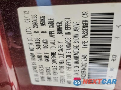 Zdjęcie 12 z 12 samochodu: 2012 ACURA TSX VIN:JH4CU2F44CC017246 - miniatura