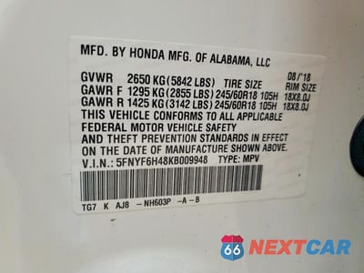 Zdjęcie 13 z 13 samochodu: 2019 HONDA PILOT EXL VIN:5FNYF6H48KB009948 - miniatura