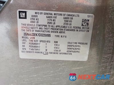 Zdjęcie 13 z 13 samochodu: 2012 CHEVROLET EQUINOX LT VIN:2GNALDEK7C6229095 - miniatura