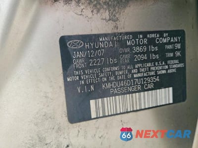 Zdjęcie 12 z 12 samochodu: 2007 HYUNDAI ELANTRA GLS VIN:KMHDU46D17U129354 - miniatura