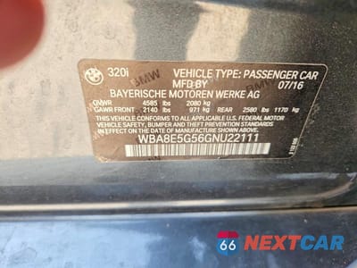 Zdjęcie 12 z 12 samochodu: 2016 BMW 320 XI VIN:WBA8E5G56GNU22111 - miniatura