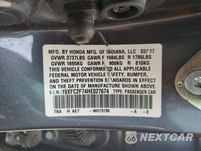Zdjęcie 13 z 13 samochodu: 2017 HONDA CIVIC EX VIN:19XFC2F74HE027674 - miniatura