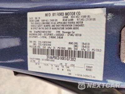 Zdjęcie 12 z 12 samochodu: 2019 FORD FUSION SEL VIN:3FA6P0CD1KR107202 - miniatura